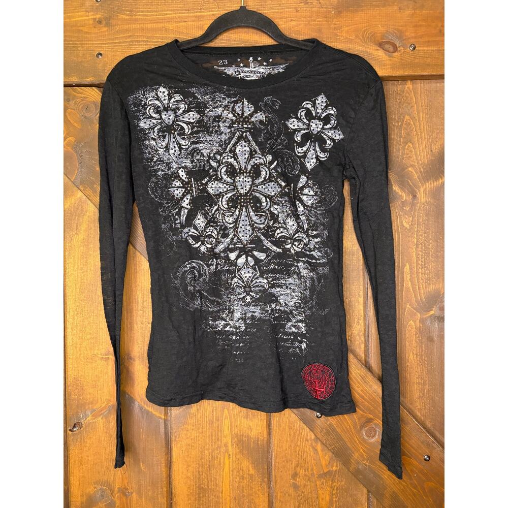 Rock & Roll Cowgirl women’s medium  bling black sheer Long Sleeve Shirt